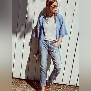 Maeve by
Anthropologie Blue Pinstripe
Trench Coat Overcoat Sz L